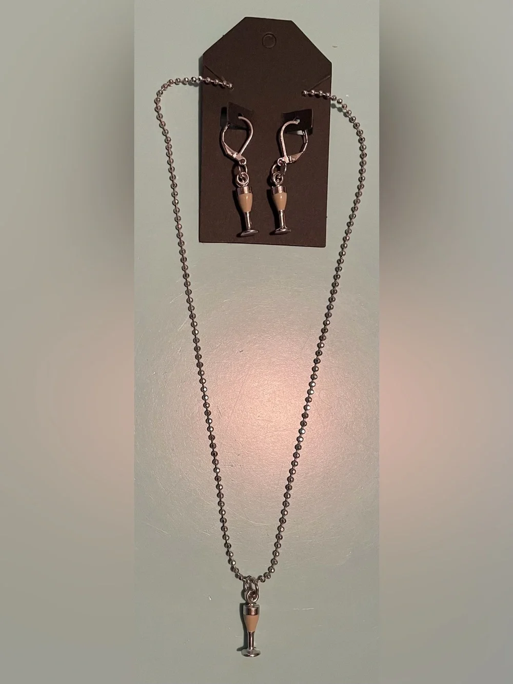 Silver Champagne Glass Necklace & Earring Set